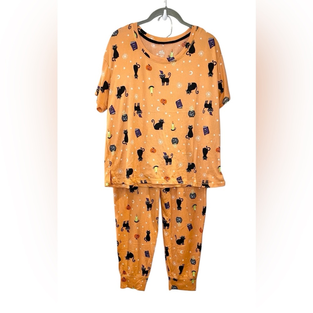 Way To Celebrate Halloween Women’s Black Cat Jogger Pajama Set 2 PC Witch Moon L